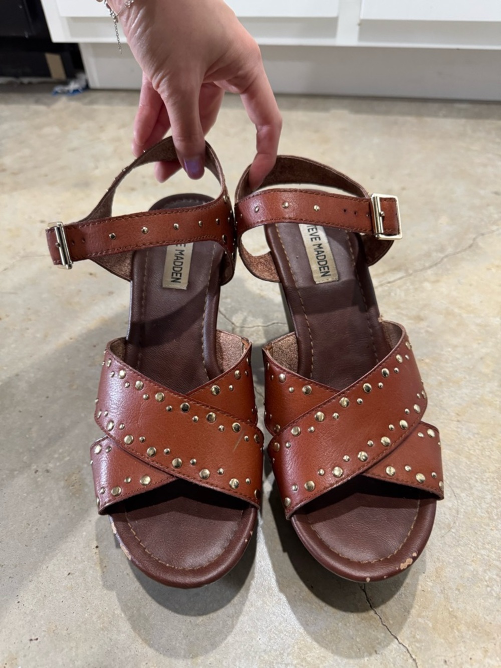 Steve Madden Cognac Brown Studded Leather Wedge Sandal